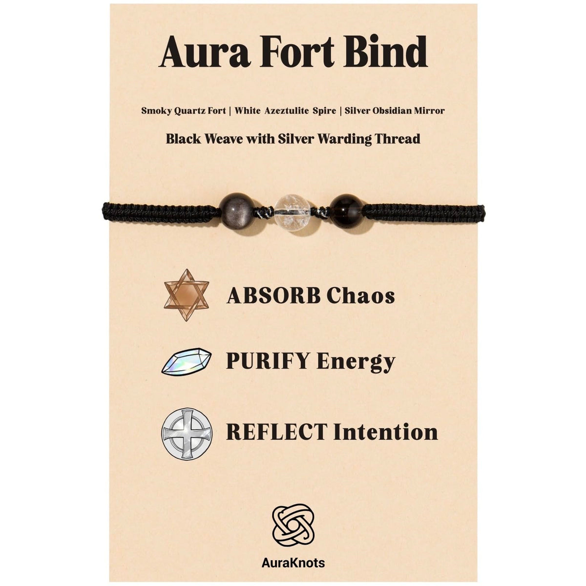 AuraKnots Protection Bracelet, Crystal Bracelets with Genuine Gemstones for Aura Protection & Grounding, Hand-Knotted with Smoky Quartz, White Azeztulite & Silver Obsidian, Adjustable for Women & Men
