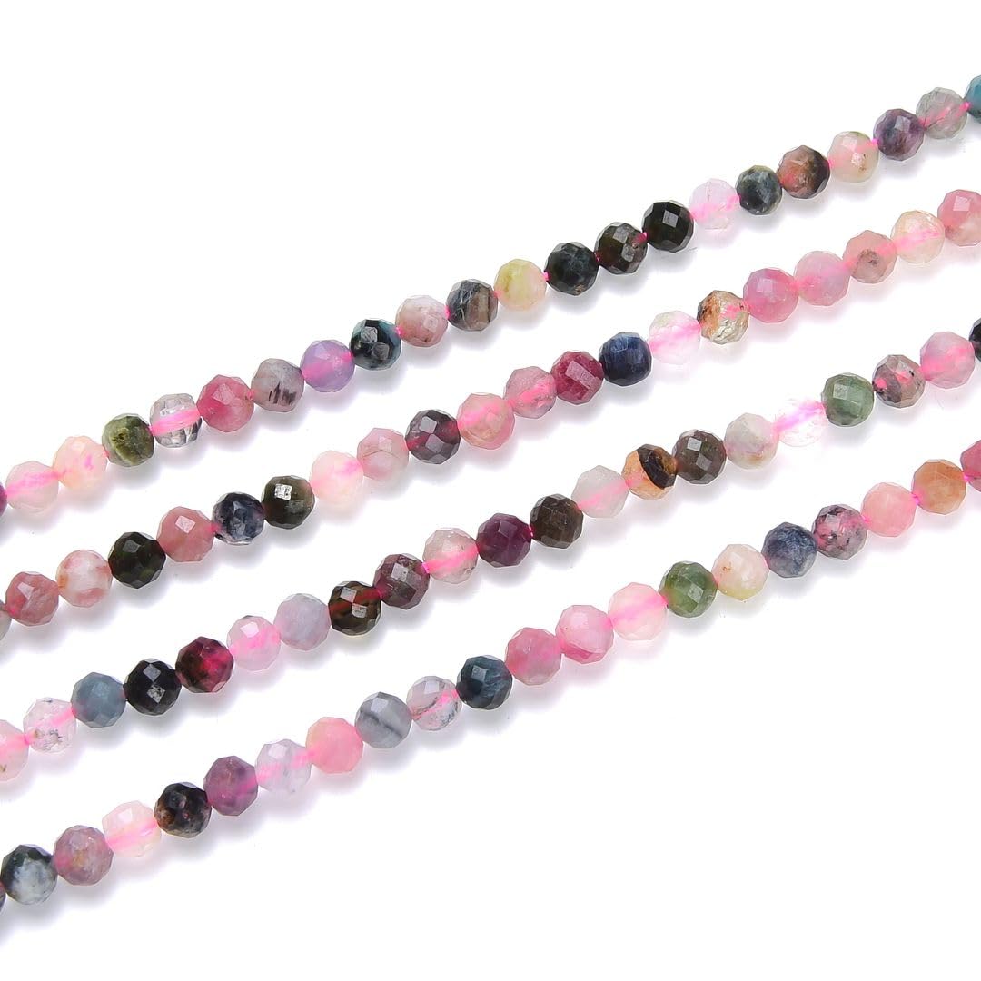 Adabele 30 Inch Natural Multi-Color Tourmaline Healing Gemstone 3mm (0.12 Inch) Tiny Small Faceted Round Loose Beads Stone Spacer (220-240pcs Total) for Craft Jewelry Making GK3-2