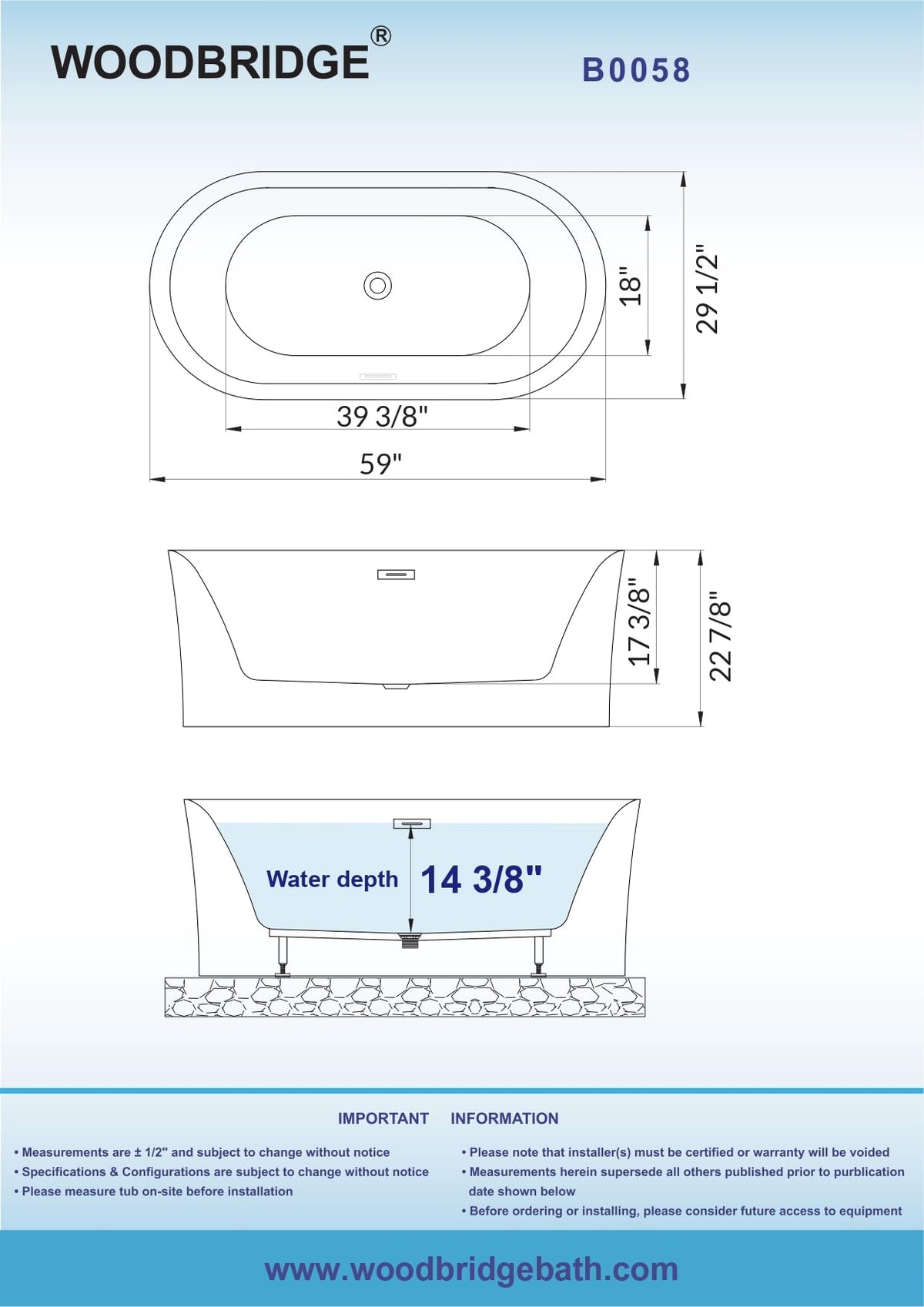 WOODBRIDGE 59" Acrylic Freestanding Bathtub Contemporary Soaking Tub with Matte Black Overflow and Drain,White Tub,B0058-MB