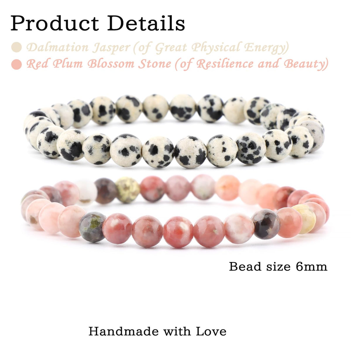 NCB 2-Piece 6mm Natural Crystal Gemstone Stretch Bracelets – ﻿Dalmation Jasper, Red Plum Blossom Stone Handmade Reiki Energy Healing Jewelry for Meditation,Yoga, Unisex