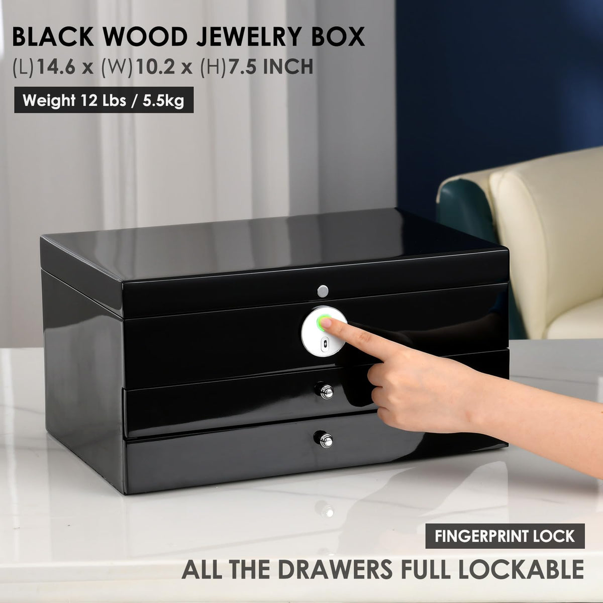 SYENS Jewelry Box with Fingerprint Lock, Black Wood Piano Lacquer Jewellery Organizer Storage Box with Drawer, 3-layer Full Lockable, for Women or Men's gift