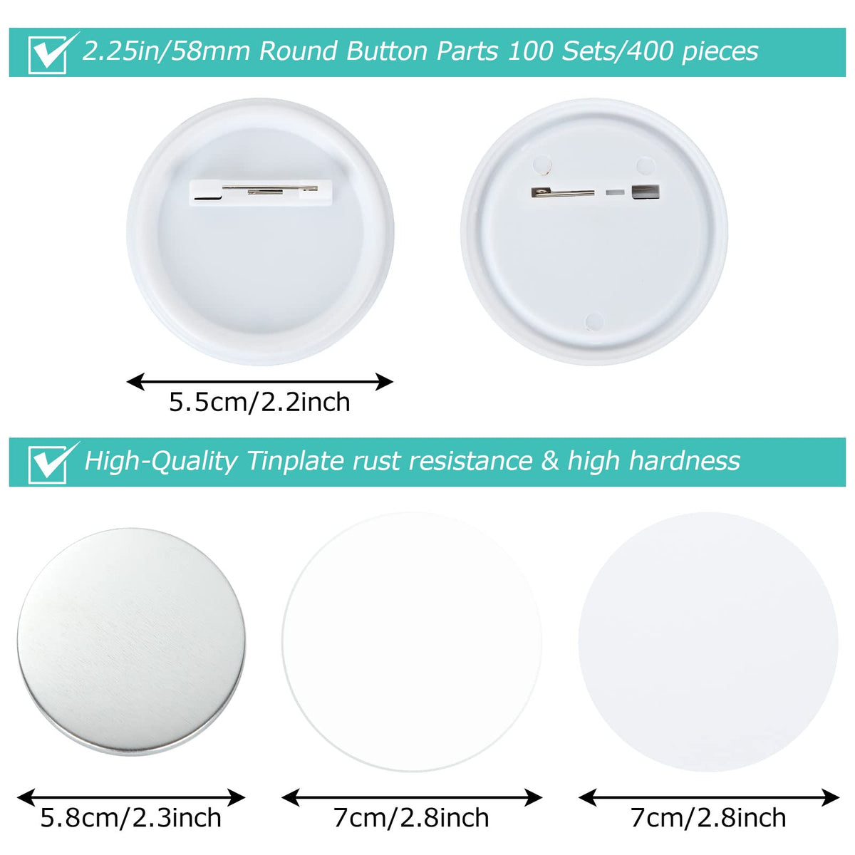 LISHINE 400 Pcs 58mm/2.25in Button Maker Supplies - Round Badge Button Parts, Includes Plastic & Metal Covers, Clear Film, Blank Paper
