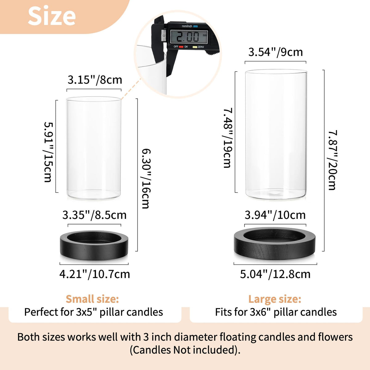 NUPTIO Wooden Candle Holders Pillar: Black Candle Tray with Round Hurricane Glass Vase - Set of 2 Cylinder Floating Candleholder for Home Halloween Thanksgiving Seasonal Decor
