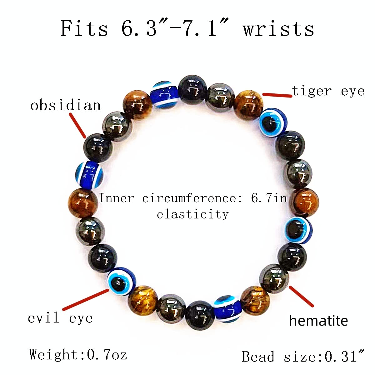 WEFRIN Evil Eye with Hematite Black Obsidian Tiger Eye Stone Triple Protection Bracelets for Men Women, Crystal Jewelry Stone Bracelets Bring Luck and Prosperity and Happiness 8mm Beads