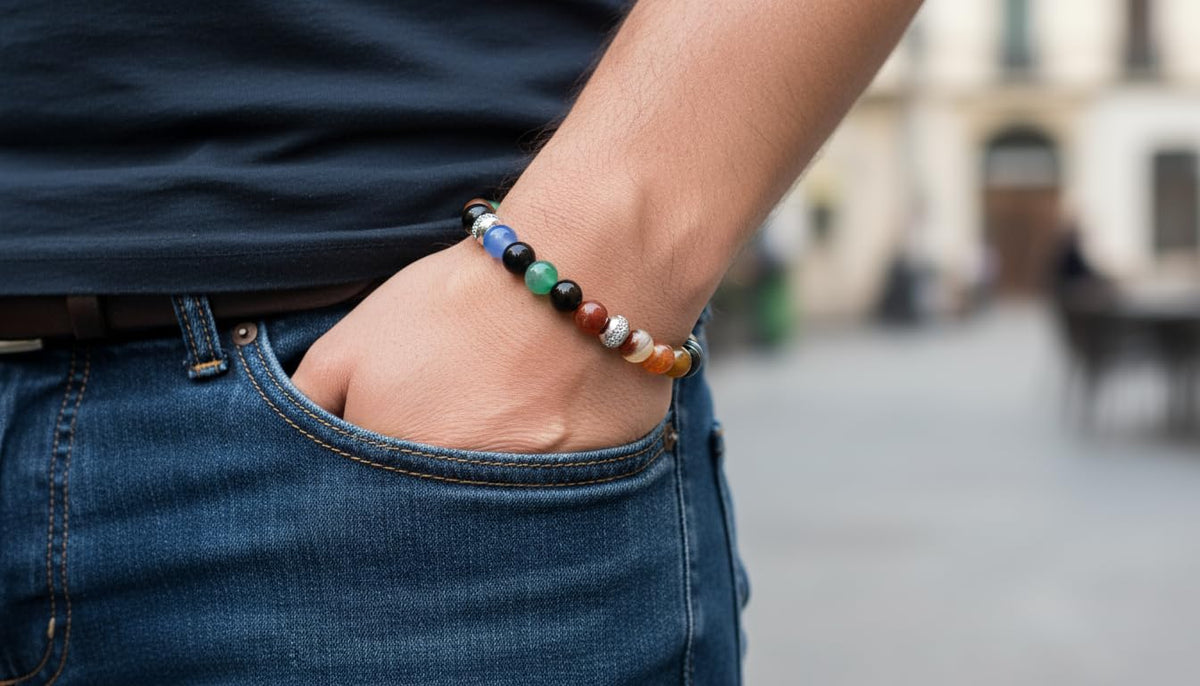 10:10 Beaded Bracelet for Men and Women – Natural Agate Multicolor Gemstones and Stainless Steel – Adjustable & Durable & Elegant – Made in Italy
