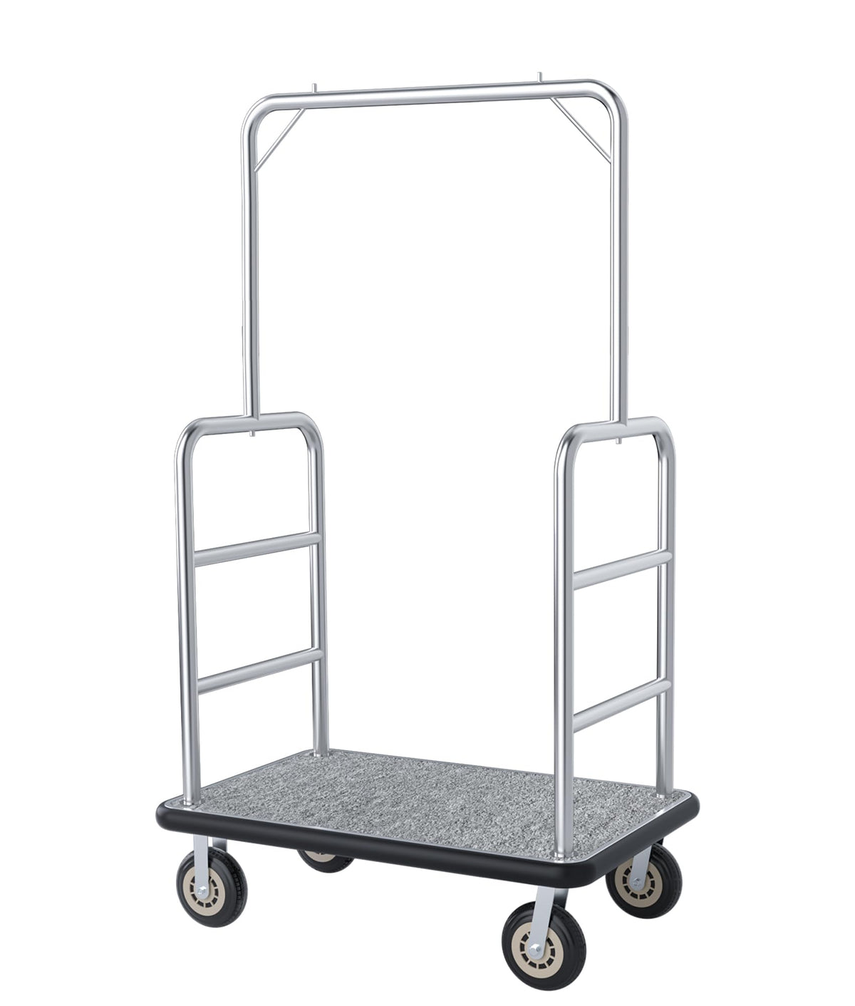 Hotel Luggage Cart, 1300LBS Load Capacity Bellman's Cart with 8" Wheels, Brushed Stainless Steel Commercial Grade Hotel Luggage Trolley with Grey Carpeted Deck for Hotels (42''L x 26''W x 70''H)