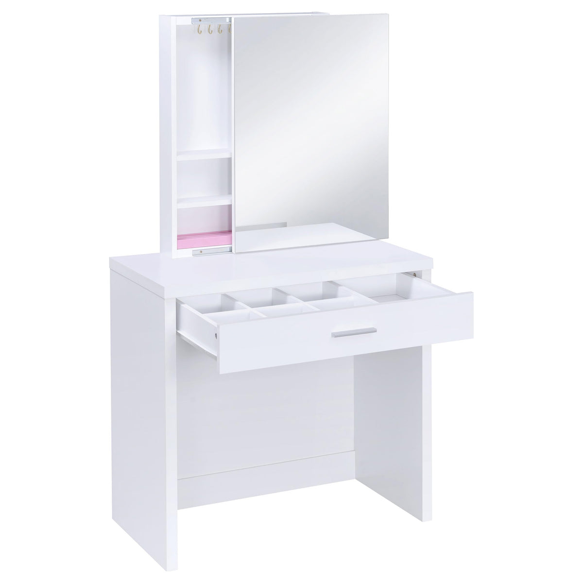 Coaster Home Furnishings Harvey Contemporary 3-Piece 1-Drawer Makeup Vanity Desk with Jewelry Storage Vanity Mirror and White Faux Leather Upholstered Storage Vanity Stool White 300290