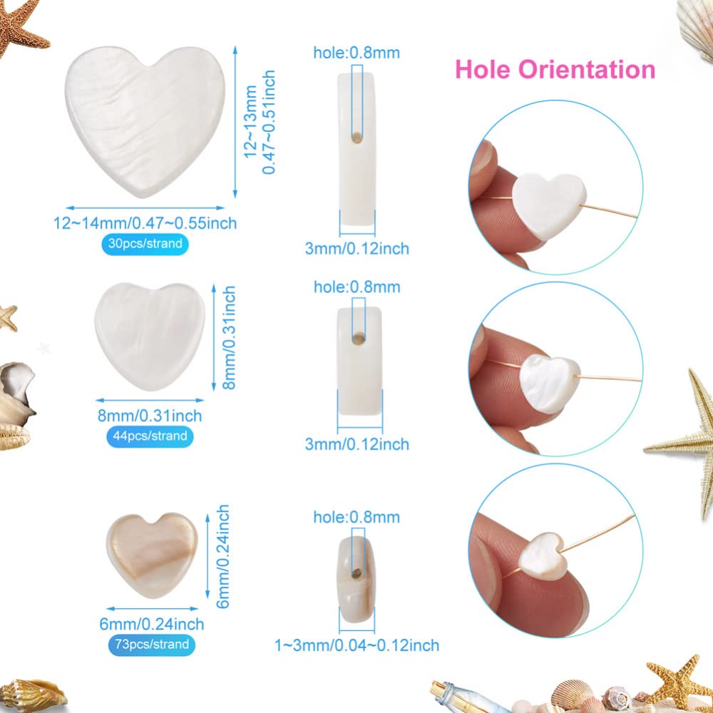 Fashewelry 147pcs Heart Natural Freshwater Shell Loose Beads White Peach Heart Sea Shell Spacer Charm Beads 6mm/8mm/12mm for Jewelry Making