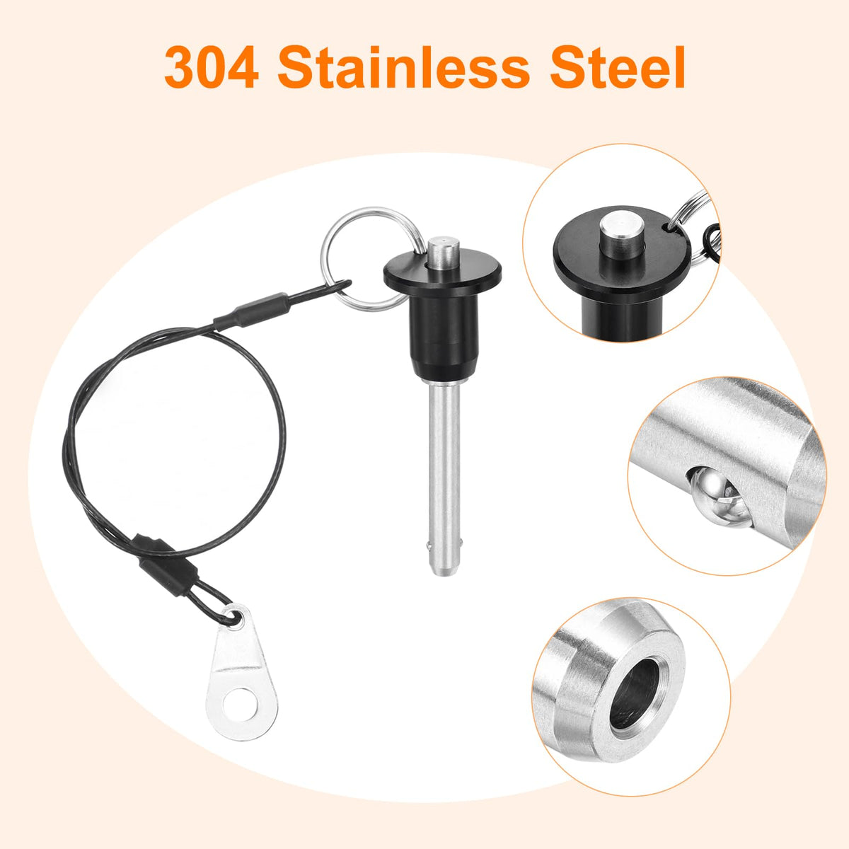 uxcell 2 Pcs Quick Release Pin, 1/4" x 1.42"(Dia. x L) Ball Locking Pin with Push Button 304 Stainless Steel Ring Handle Locking Pin with Wire for Audio Bimini Top Marine, Silver