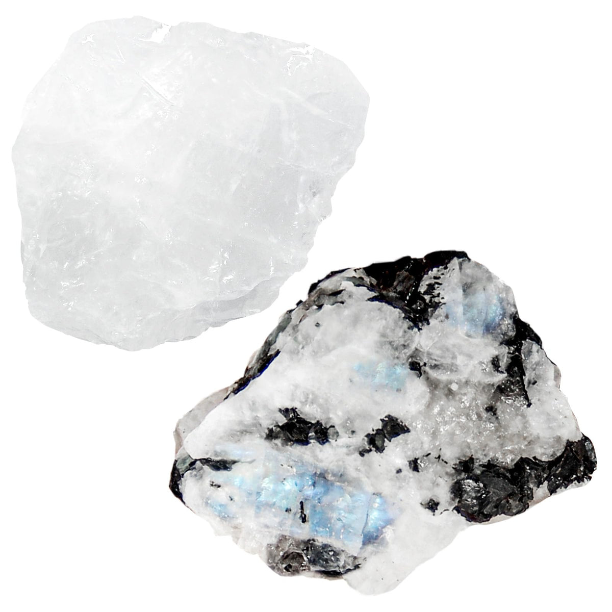 Orientrea Large Raw Rainbow Moonstone Rough Crystal with Clear Quartz, Natural Rainbow Moonstone Crystal and Healing Stones for Tumbling, Decoration, Polishing, Wire Wrapping, Wicca & Reiki 2PCS