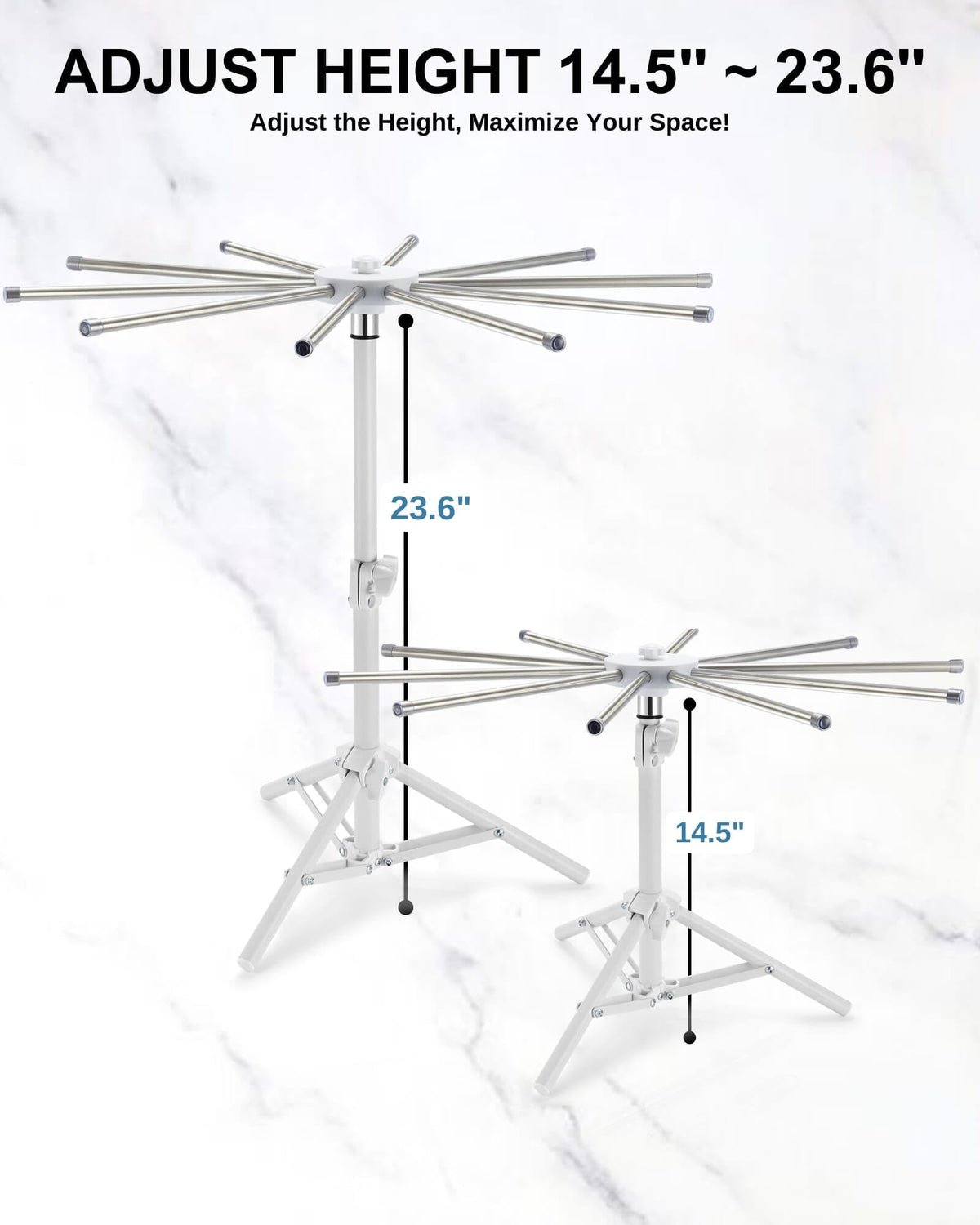 MUMSUNG Pasta Drying Rack Collapsible, 360° Rotating, Adjustable Height(14.5"-23.6"), 304 Stainless Steels Arm, Large Noodle Dryer Foldable with Ravioli Wheel for Homemade Fresh Pasta Spaghetti