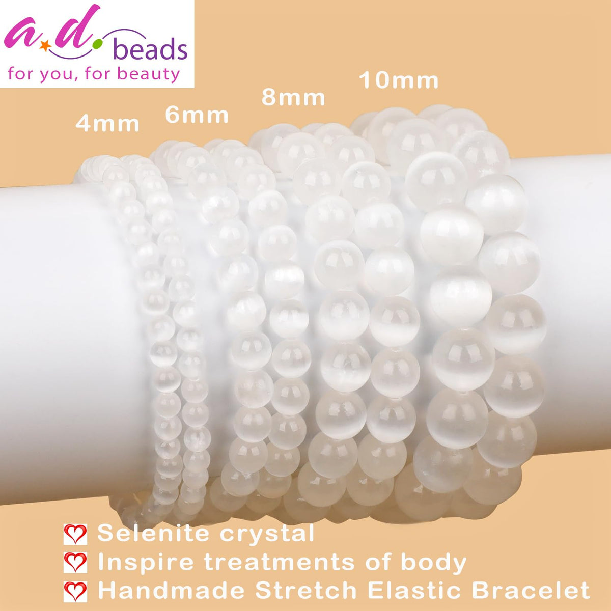 AD Beads Handmade Gemstone Stretch Elastic Bracelet Crystal Healing Reiki Nature's Beauty and Spiritual Essence Unisex (4mm, Selenite Crystal (Inspire Treatments))