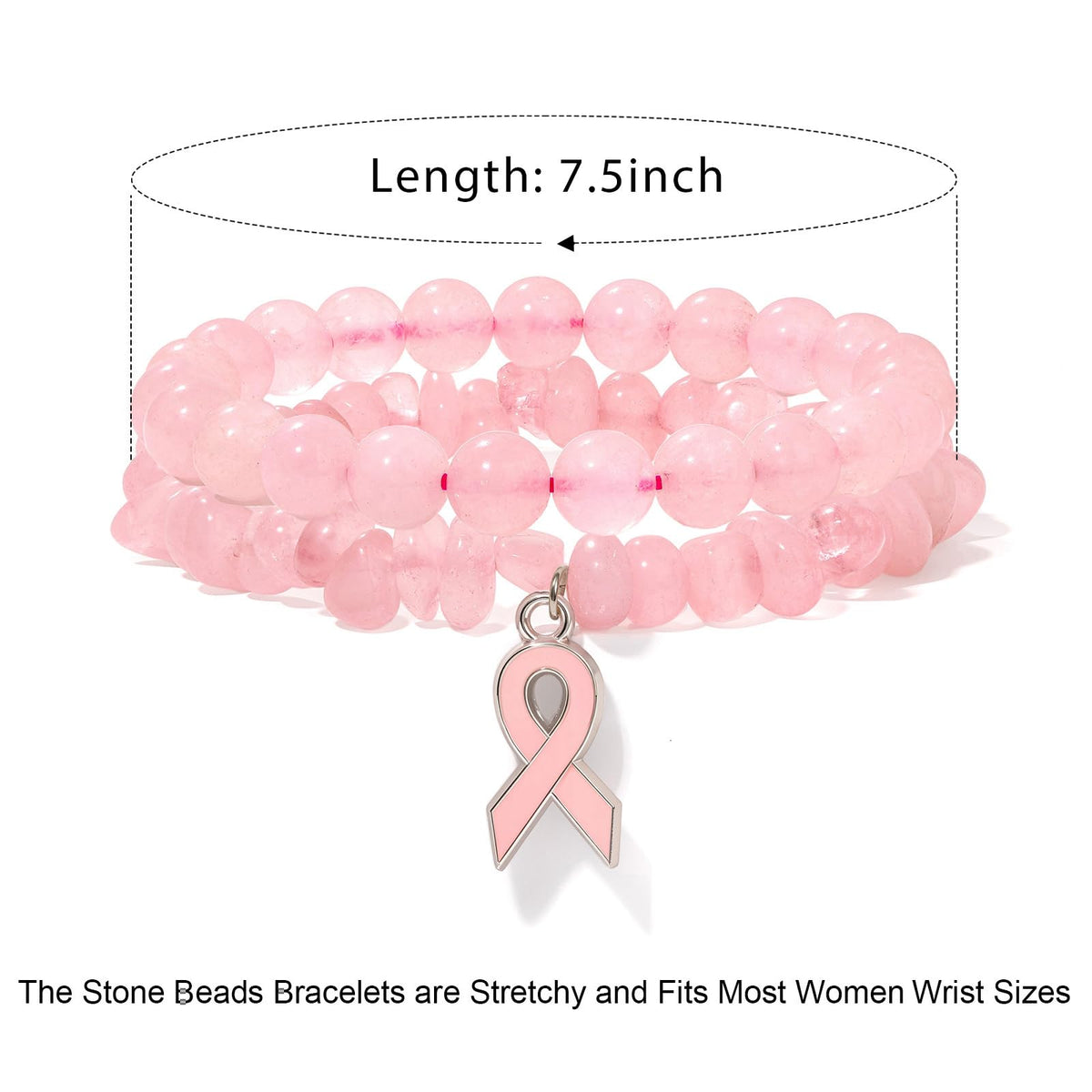 GolbalJew Breast Cancer Awareness Bracelets for Women Pink Ribbon Charm Rose Quartz Beads Bracelet Natural Stone Breast Cancer Encouragement Jewelry Gifts