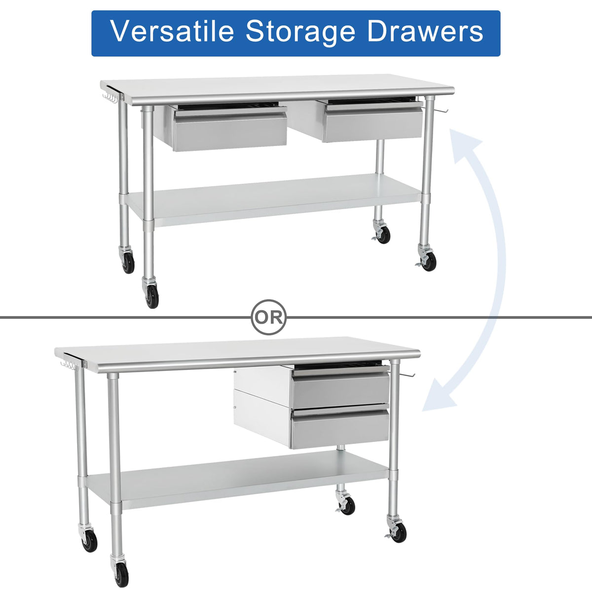 HARDURA Stainless Steel Table with 2 Drawers & Casters, Metel Prep Table with Hook, Tissue Holder and Undershelf 24x60 Inches for Commercial Kitchen Prep