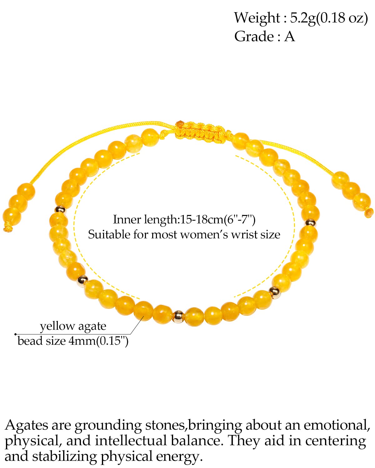 Jewever Gemstone Bracelet for Women Crystals and Healing Stones Beaded Stone Chakra Bracelets Healing Energy Crystal Jewelry Gifts Adjustable 4mm (Yellow agate)