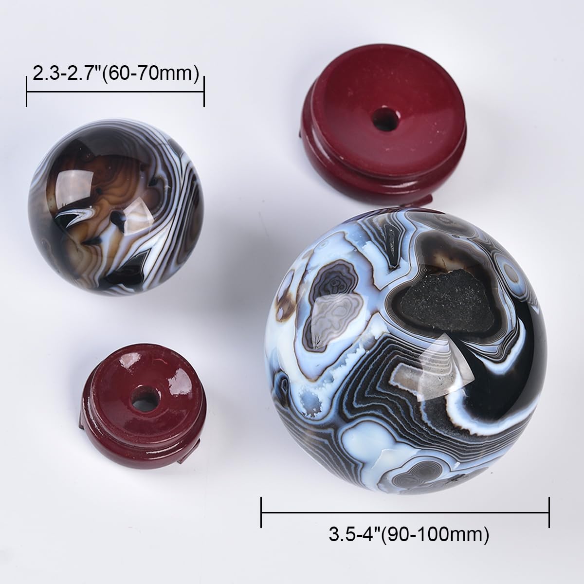 JIC Gem Natural Black Onyx Agate Crystal Ball Round Healing Crystals Decorative Sphere with Wooden Stand Meditation Home Decor 2.3-2.7 inch (60-70mm)