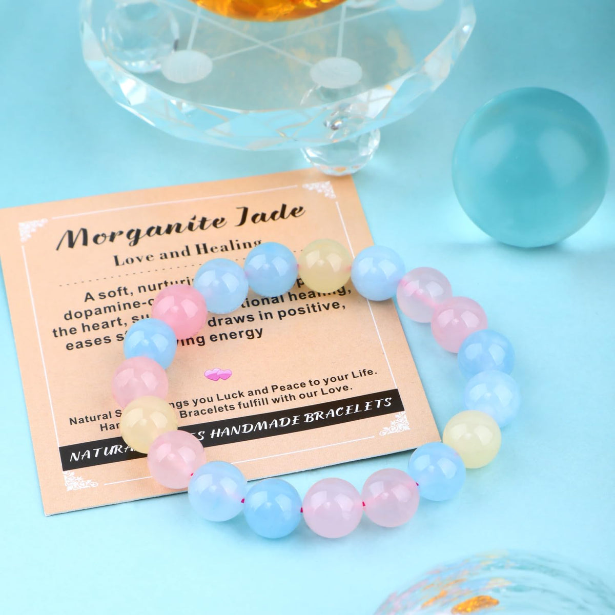 AD Beads 10mm Handmade Morganite Jade Elastic Bracelet – Natural Gemstone for Joy & Positivity – Meditation, Yoga, Healing and Energy Gift for Men Women