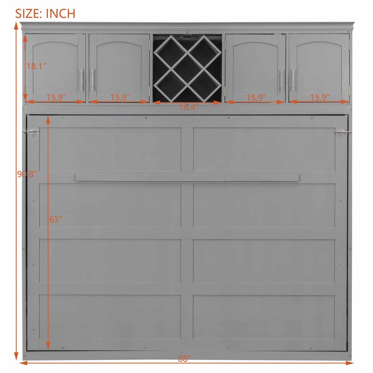 Murphy Bed Queen Size,Murphy Bed with Top Cabinets & Wine Rack,Space-Saving Hideaway Wall Foldable Bed w/Dual Piston Metal Folding Mechanism,Bedroom Folding Bedframe for Guest Room,Gray
