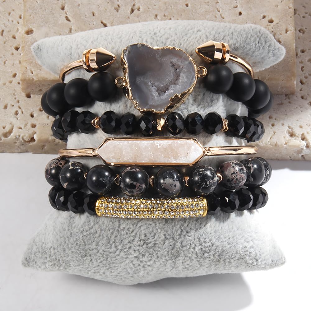 Yomisa 6PCS Natural Boho Beaded Bracelets Bangle for Women,Healing Turquoise Tiger eyes Agate Crystal Gemstone Stone Diamond Chakra Multi Wrap Bohemian Handmade Jewelry Beads Stretch Bracelet Set