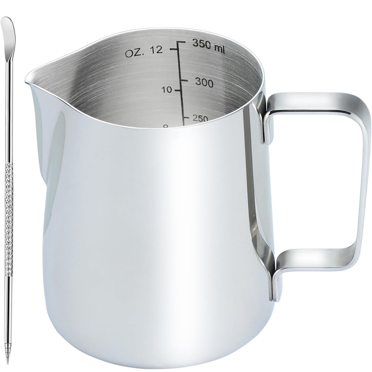 CAMKYDE Stainless Steel Milk Frothing Pitcher 12 oz, Espresso Steaming Pitcher with Decorating Pen for Espresso Machines, Cappuccino, Latte Art (Silver)