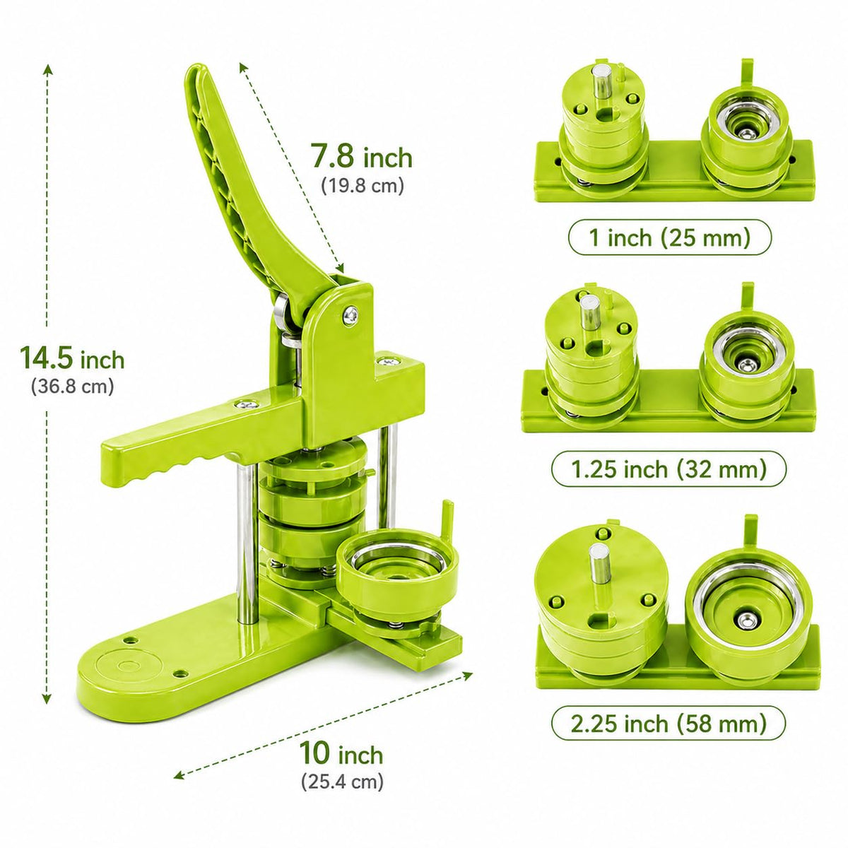 Pin Maker, Button Maker Machine, Pin Maker Machine Kit Includes 300Pcs Pins 25/32/58mm (1/1.25/2.25 inch), 3 Circle Paper Cutters, DIY Button Pin Maker, Button Badge Press Machine(Green)