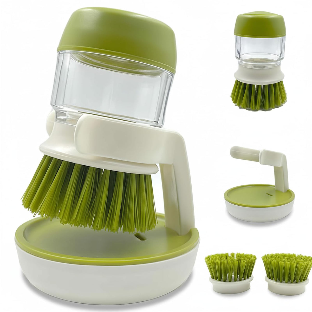 Good Grips Soap Dispensing Palm Brush, Dish Scrub Brush, Kitchen Brushes for Dishes, Kitchen Brush with Holder for Pot Pan Sink Cleaning (Green)