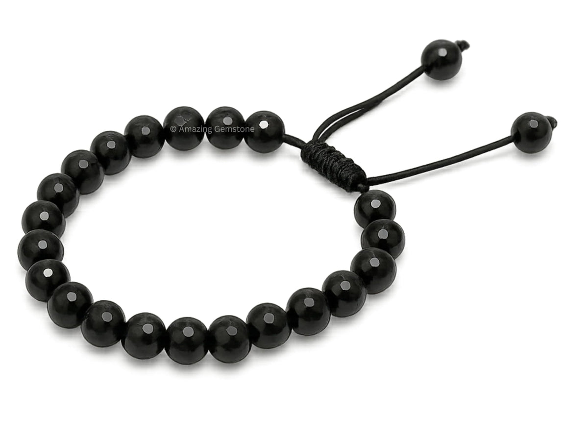 Amazing Gemstone Black Tourmaline Bracelet for Women - Chakra Mens Bracelet Protection Crystals and Healing Stones - Faceted Beaded Bracelet Spiritual Meditation Gift (Adjustable)
