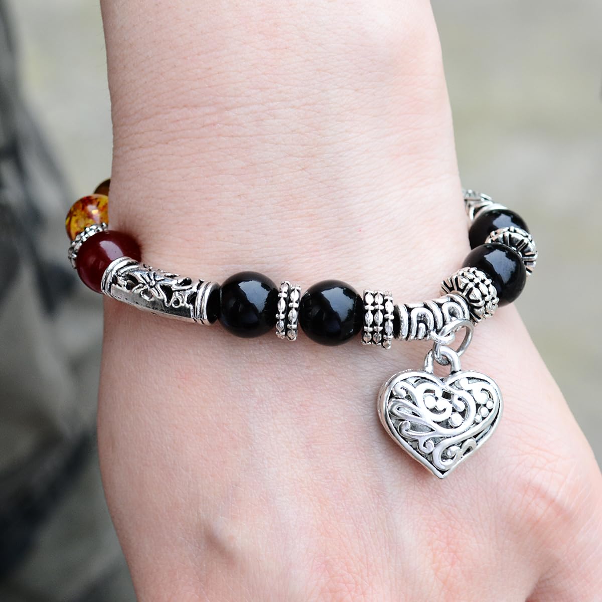 eMeition 7 chakra bracelet natural beads yoga meditation religion healing balance stones beaded healing balance bracelets for women heart pendant (heart)
