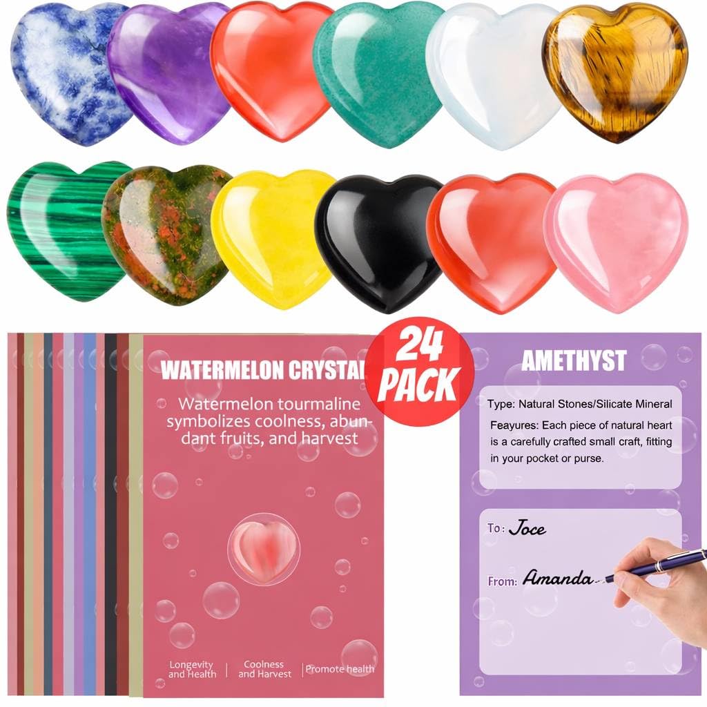 UU UNIHOM 24 Pcs Crystals Heart Healing Stones for Valentines Day Party Gift Crystal Heart Shaped Rocks Gemstones with Greeting Cards for Meditation Balancing Chakra Reiki Spiritual Christmas Gifts
