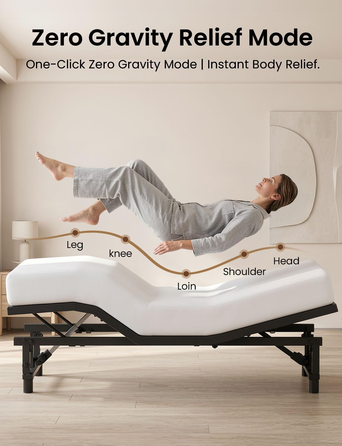 Feetice King Size Adjustable Bed Frame with Wireless Remote, Zero Gravity & Head & Foot Incline, Heavy-Duty Steel Frame, Whisper-Quiet Motor, Easy Installation (79" L x 74" W x 12.72" H)