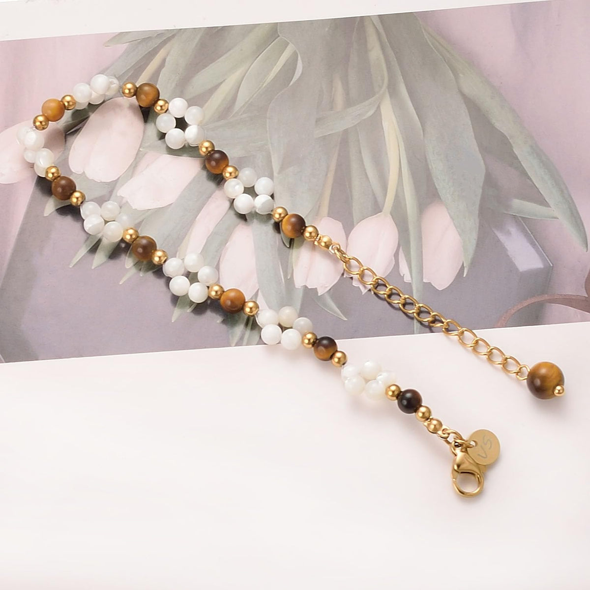 vissen White Pearl Flower Bracelet for Women Beaded Tiger Eye Stone 14K Gold Plated Adjustable Natural Stone Bracelets Dainty Jewelry