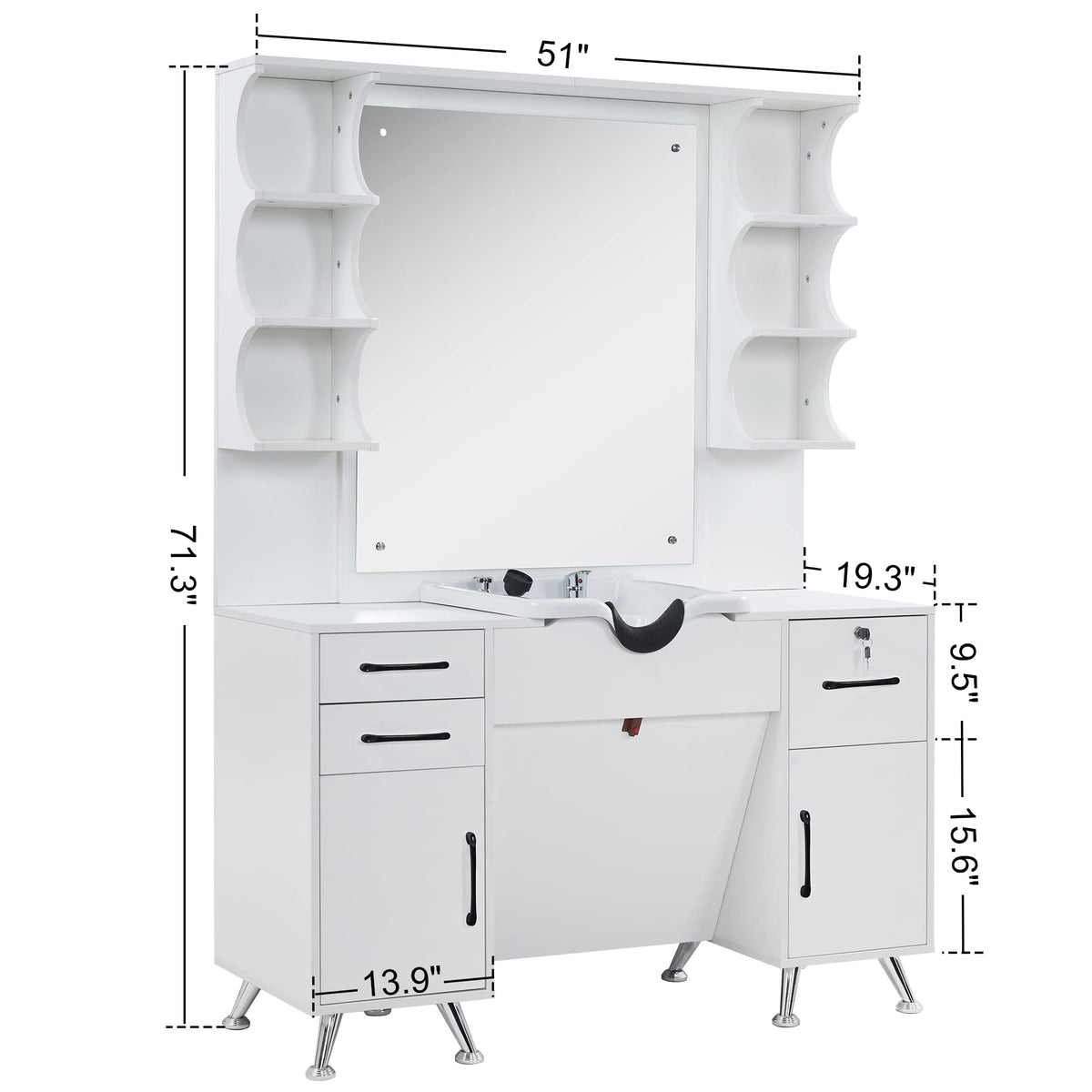 BarberPub Backwash Shampoo Bowl Cabinet, Wall Mount Station with Mirror, Storage Cabinet with Drawers & Shelf 3141 (White)