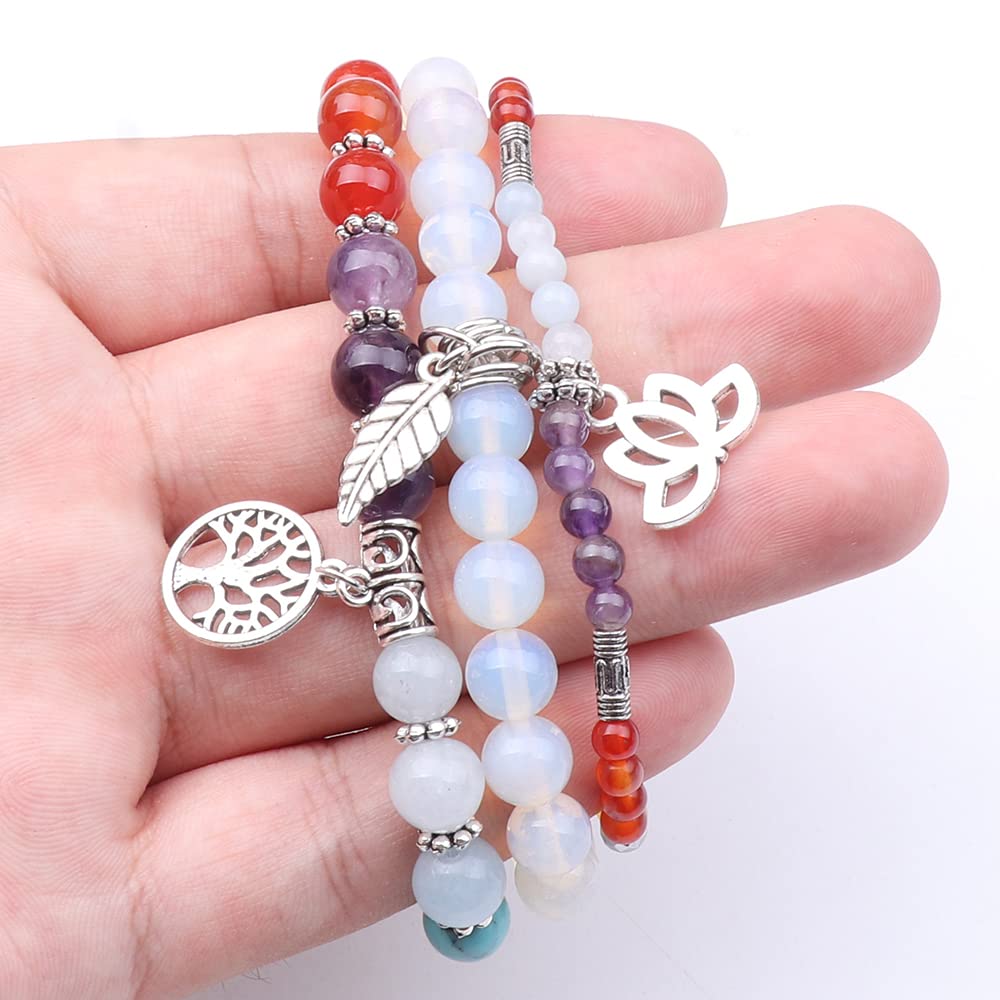 UEUC Natural Gemstone Chakra Bracelets for Women, Multilayer Tree of Life Lotus Crystal Healing Stone Bracelet Sets, Yoga Meditation Reiki Relax Bracelets for Stress Relief(#120)