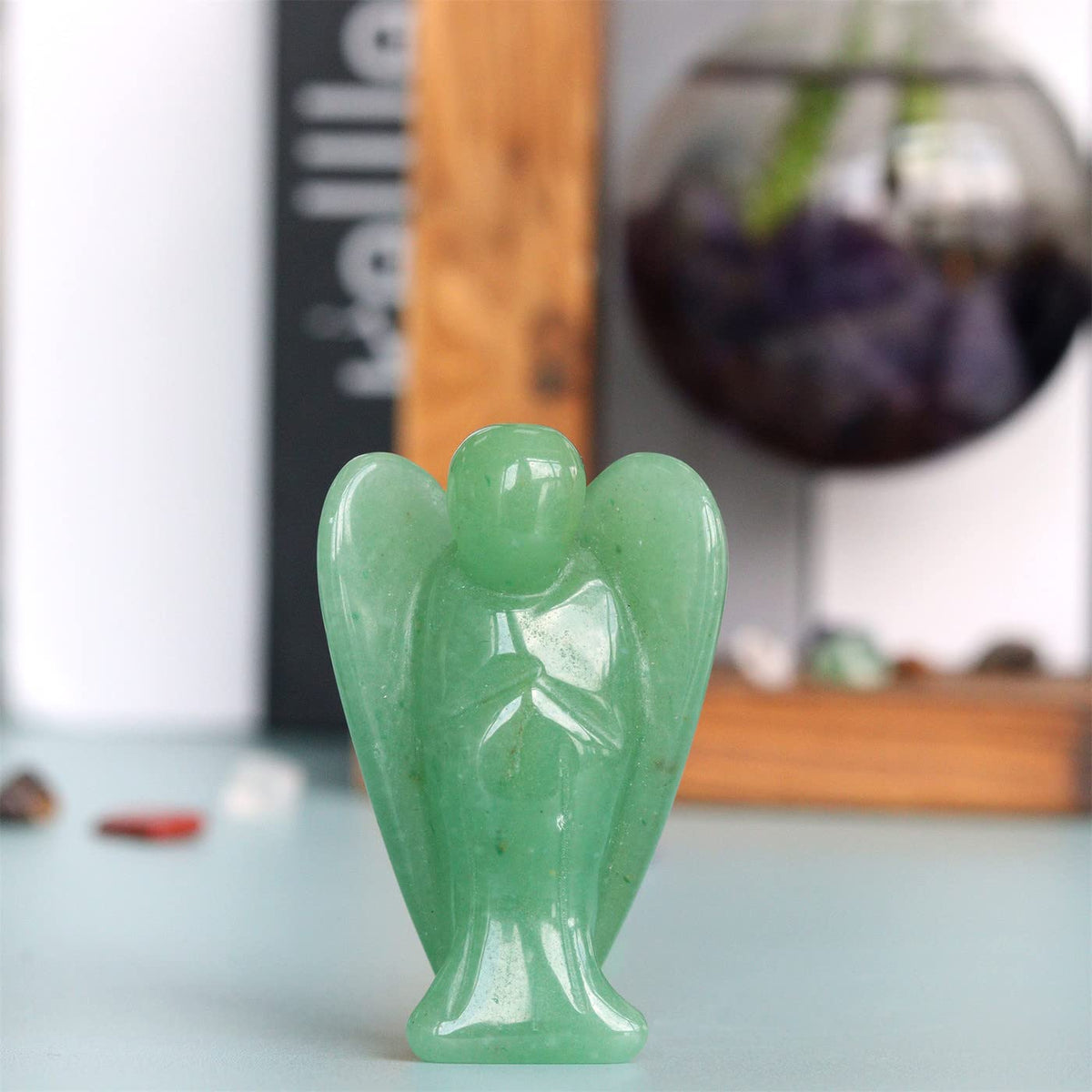 YATOJUZI 2" Green Aventurine Angel Decor Healing Crystals Polished Natural Stone Sculpture Statue Hand Carved Cute Figurines Energy Reiki Home Room Office Desk Decoration Guardian Gifts for Women Men
