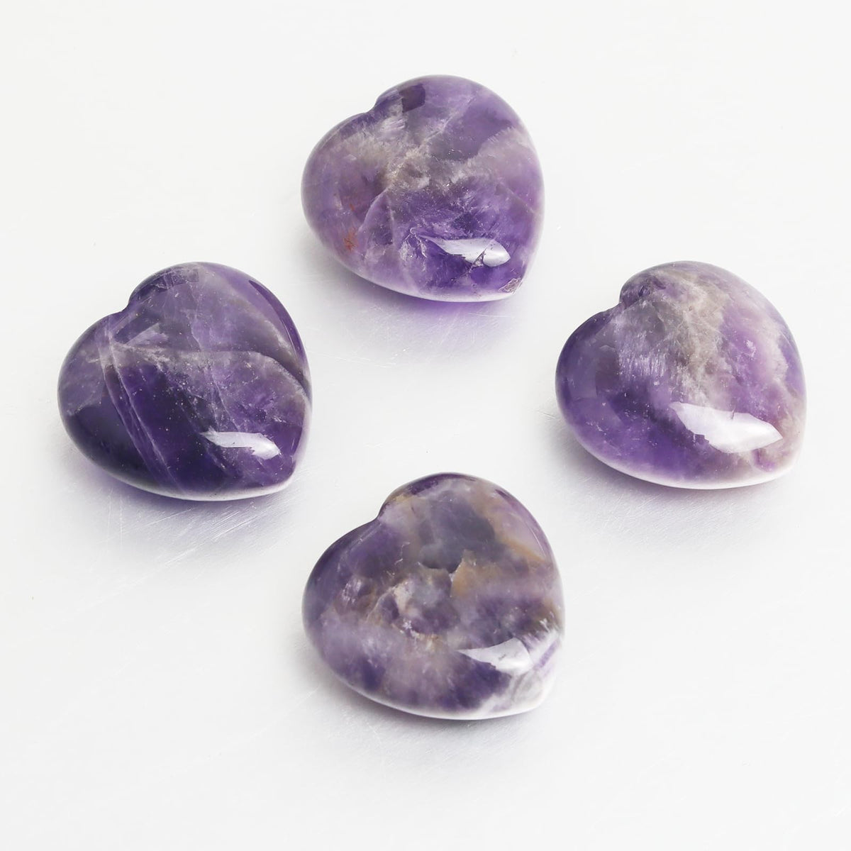 4 Pcs Heart Crystals and Healing Stones, 1.2" Amethyst Polished Love Carved Palm Worry Stone, Reiki Anxiety Stone Gift for Stress Meditation (Amethyst)
