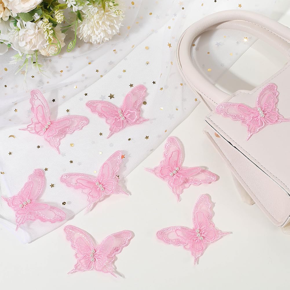 CABODYALS 1 Box 30PCS Light Pink Butterfly Lace Applique Butterflies Repair Patches Sew Embroidery Organza Faux Pearl Beaded Polyester Appliques for Sewing Making Clothes Wedding DIY Craft Supply