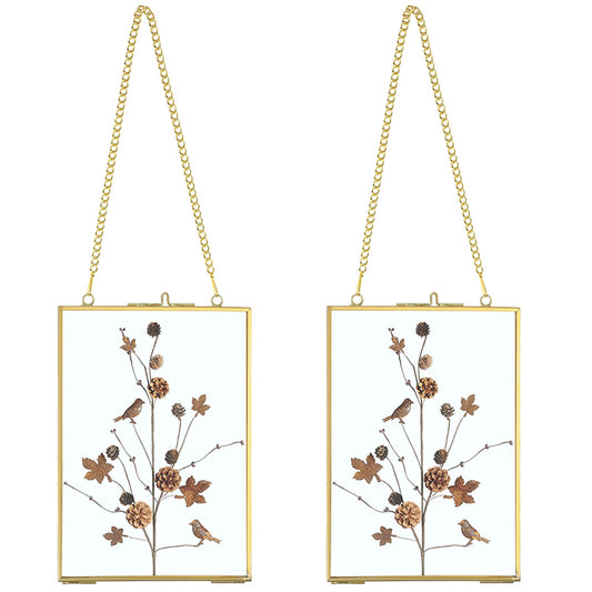 JUXYES Set of 2 Wall Hanging Brass Frames Ornament for Pressed Flowers, Double Glass Hanging Picture Artwork Display Frame, Vertical Gold Floating Style Gallery Wall Frame for Photo Picture Poster etc, 5x7 Inches