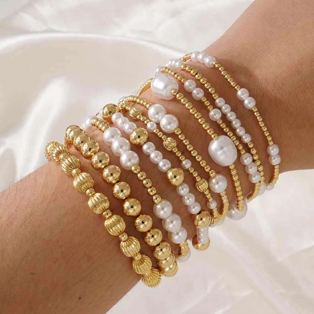 Dainty 14K Gold Pearl Beaded Bracelet Stack for Women,Handmade Bohemian Pearl Non Tarnish Stackable Bracelets Fashion Holiday Party Accessories Jewelry Gift Friendship