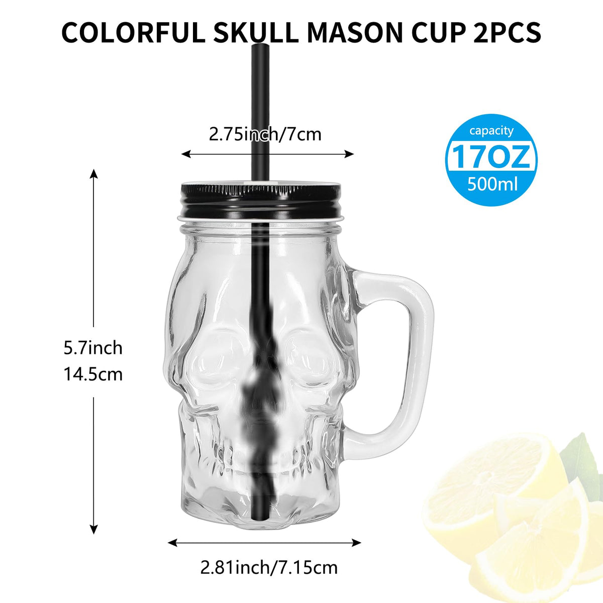 Skull Mason Jars with Handle, 16 Oz Glass Beer Mugs Gothic Wide Mouth Tumbler Cup with Straws and Lids, Novelty Pub Bar Mug Halloween Drinking Glasses for Beverage, Liquor, Mix Cocktail (2, Clear)