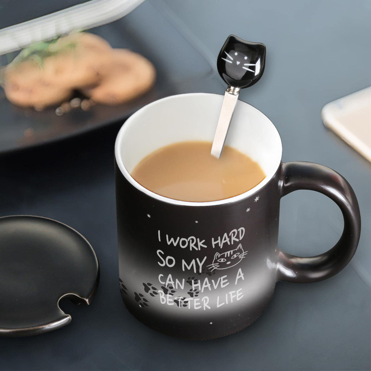 MUGKISS Color Changing Coffee Mug 11oz - I Work Hard So My Cat Can Have a Better Life - Halloween Cat Cup With Black Lid and Head Spoon, Gifts for Birthday, Christmas
