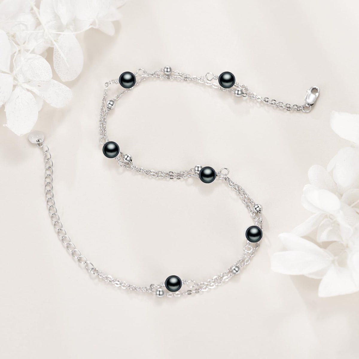 CRMAD Black Pearl Bracelet Anklet for Women Sterling Silver Beach Jewelry Gift for Women (black pearl, bracelet 7+2'')