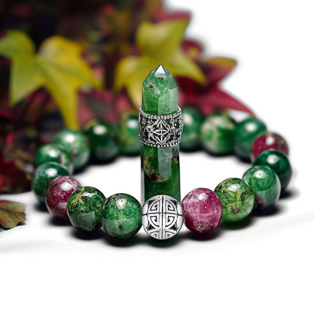 MetJakt Healing Crystals Beaded Bracelets for Womens Natural Gemstone 8mm Beads Stretch Bracelets with 925 Sterling Silver Double Happiness Pendant (Ruby Zoisite)