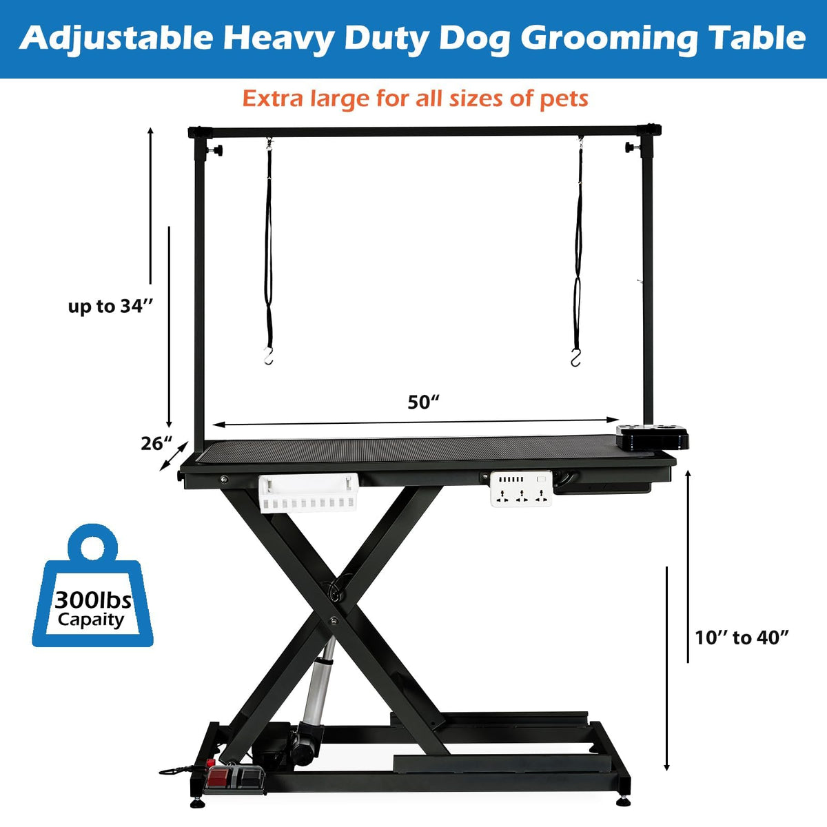 50 Inch Dog Grooming Table, Electric Hydraulic Pet Grooming Table, Dog Grooming Station with Aluminium Overhead Arm, Anti Slip Tabletop, 6 USB Ports, Height Adjustable, 300 LBS Capacity, Black