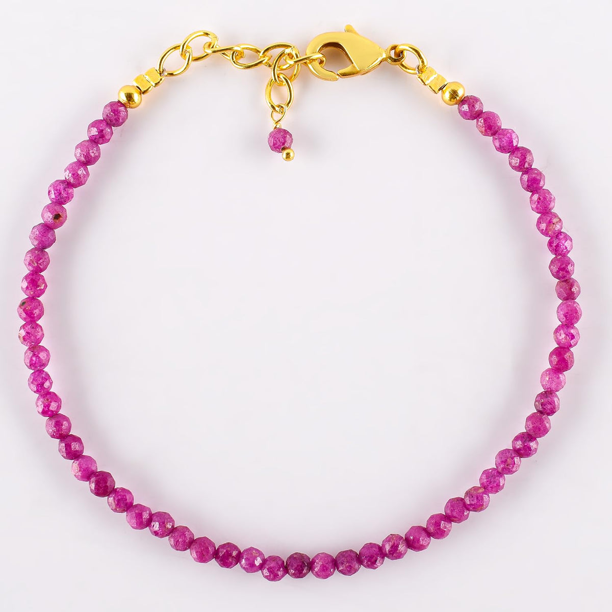 Natural Pink Ruby Gemstone Micro Beads Dainty Bracelet Jewelry for Women, July Birthstone, Chakra Energy Crystals, 14k Gold Plated Chain 8 inch Adjustable