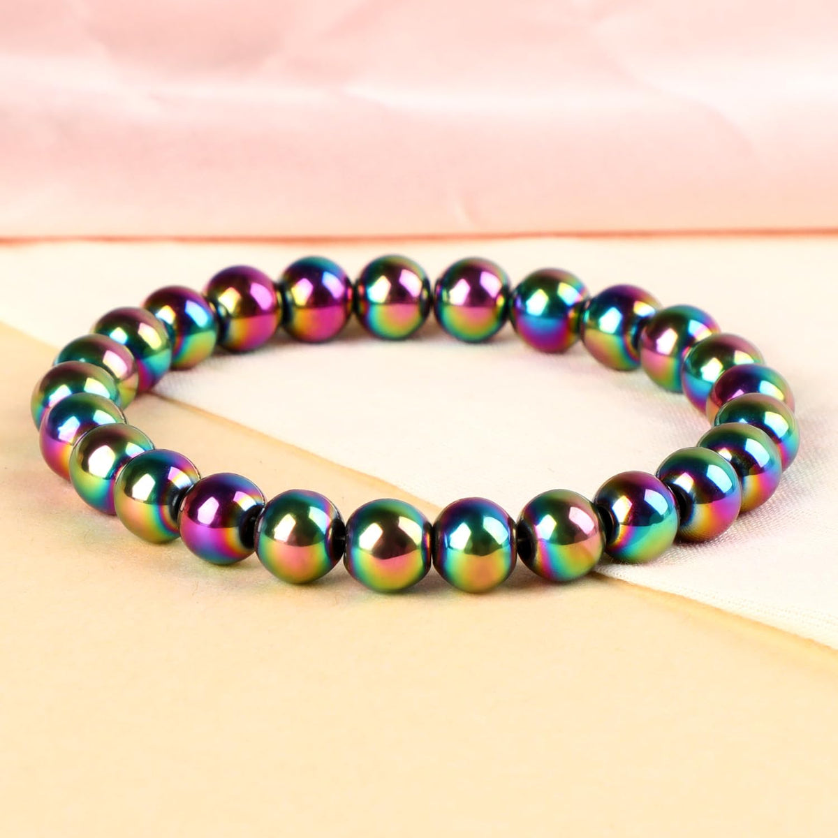 LPBeads Handmade Natural Gemstone Stretch Elastic 8mm Rainbow Coated Hematite Bracelet Healing Crystal Round Stone Beads Jewelry Gifts for Women Men