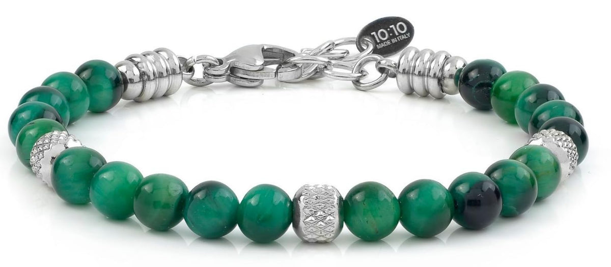 10:10 Beaded Bracelets for Men and Women – Natural Green Tiger Eye Gemstones and Stainless Steel – Adjustable, Durable and Elegant – Made in Italy