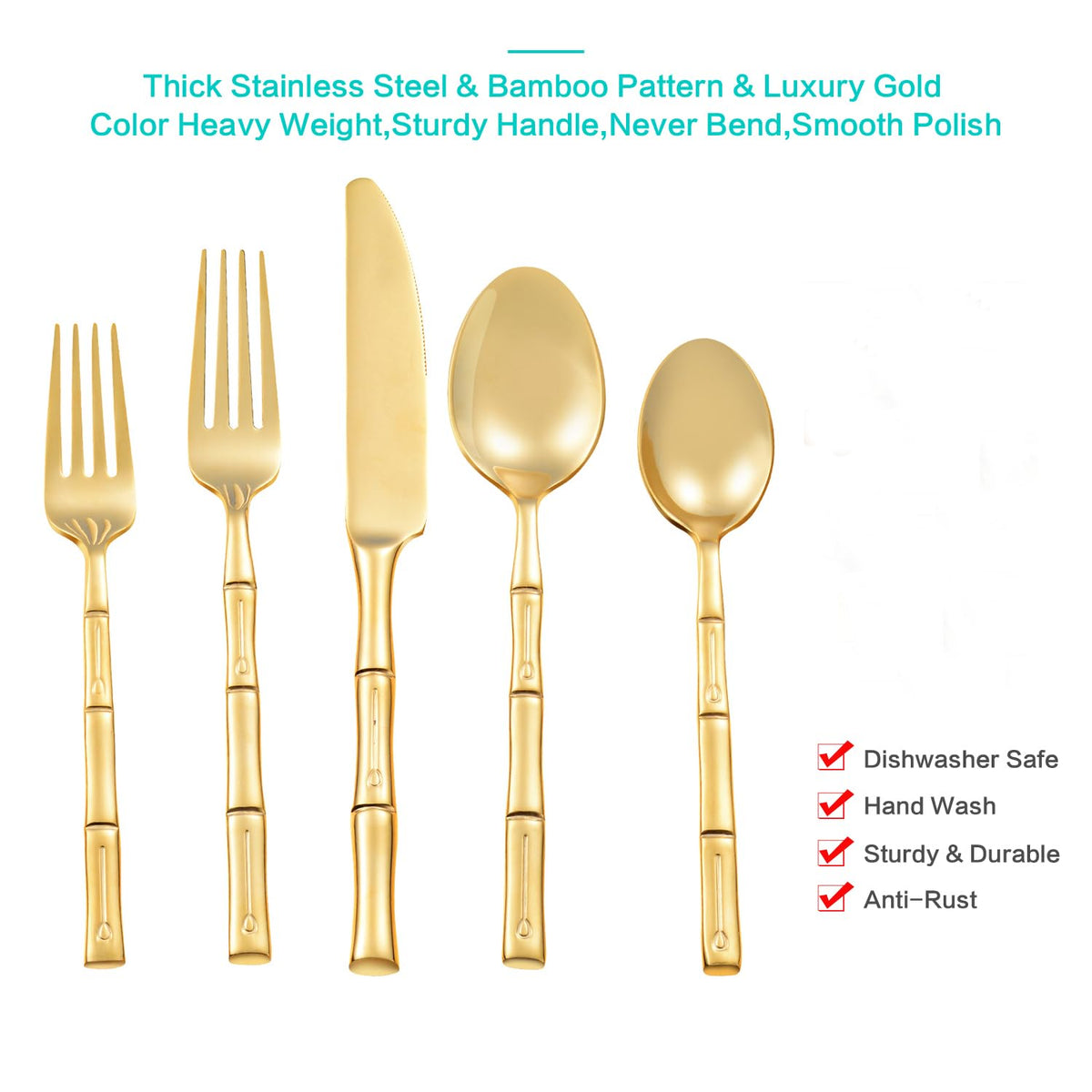 Flatasy Silverware Set Gold Flatware Set Stainless Steel Bamboo Handle Cutlery Set Mirror Polished 60 Pieces for Home Kitchen Restaurant Hotel Wedding Housewarming Gift Service for 12