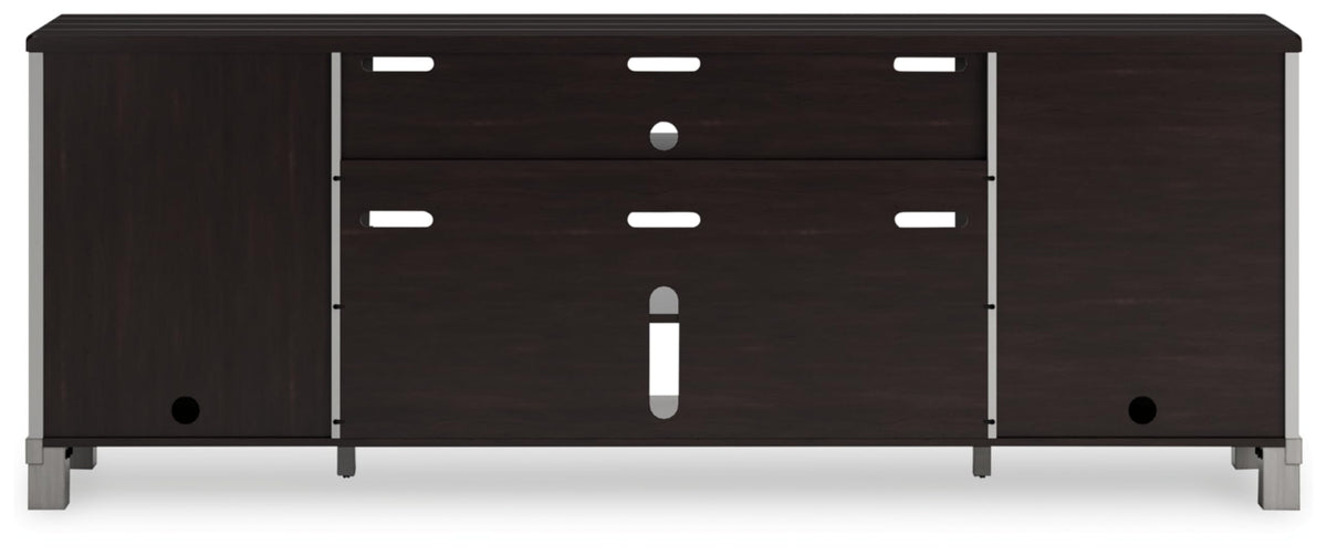 Signature Design by Ashley Darborn Farmhouse 88" TV Stand for TVs up to 101" with Adjustable Shelves, Cabinets, Cord Openings and Fireplace Option, Light Gray & Dark Brown