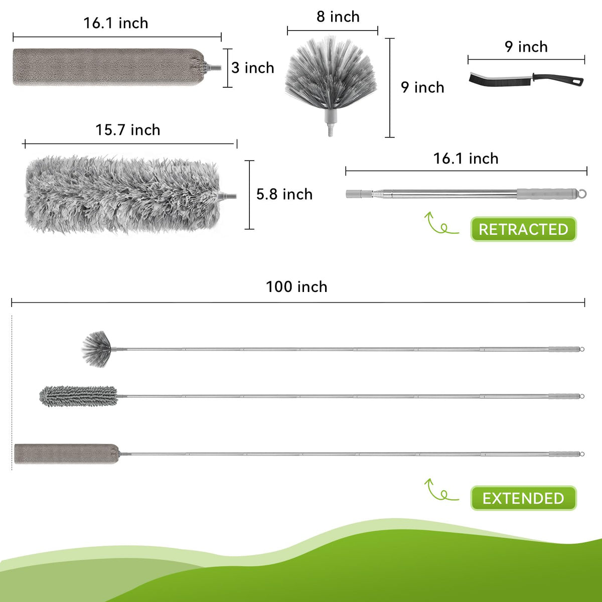 MimAuto 100-inch Duster with Extension Pole, 9-in-1 Cobweb Duster Kit Includes Spider Web Brush & Flat Gap Cleaner for High Ceiling, Fan, Under Appliances, Car, Home Deep Cleaning