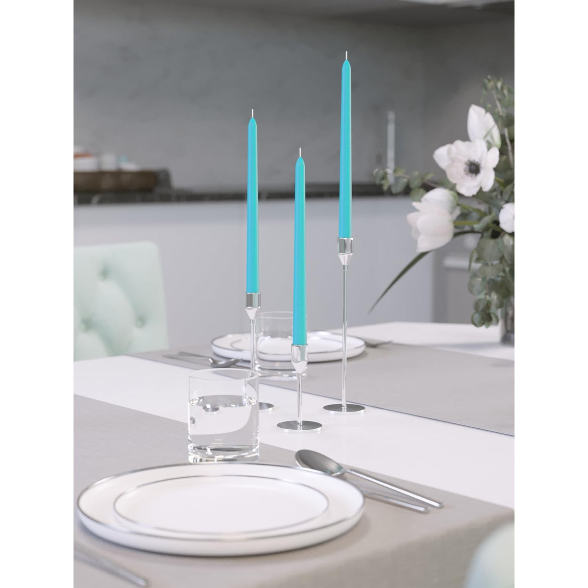 CANDWAX 10 inch Turquoise Taper Candles Pack of 4 - Unscented Smokeless Dripless Tall Candle Sticks - Perfect for Holidays, Ordinary Dinners and Special Occasions - Teal Candlesticks